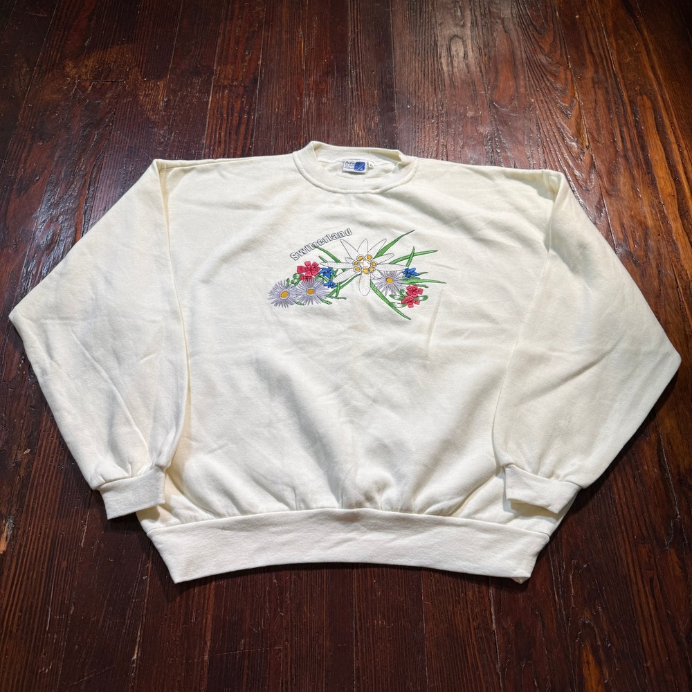 Vintage 80s Switzerland Sweatshirt Mens XL Cream Embroidered Floral Alphorn Boxy